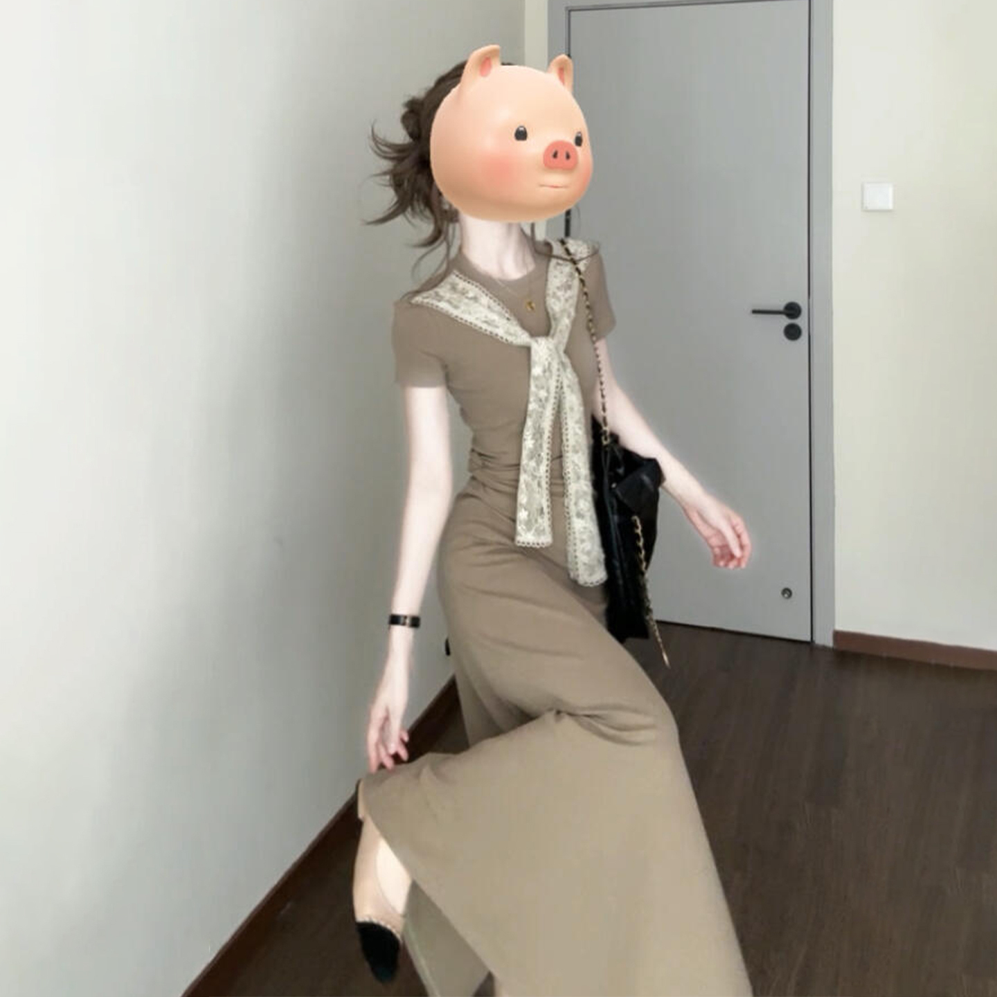 蕾丝拼接设计感法式复古短袖连衣裙子女夏2025新款巨好看掐腰长裙