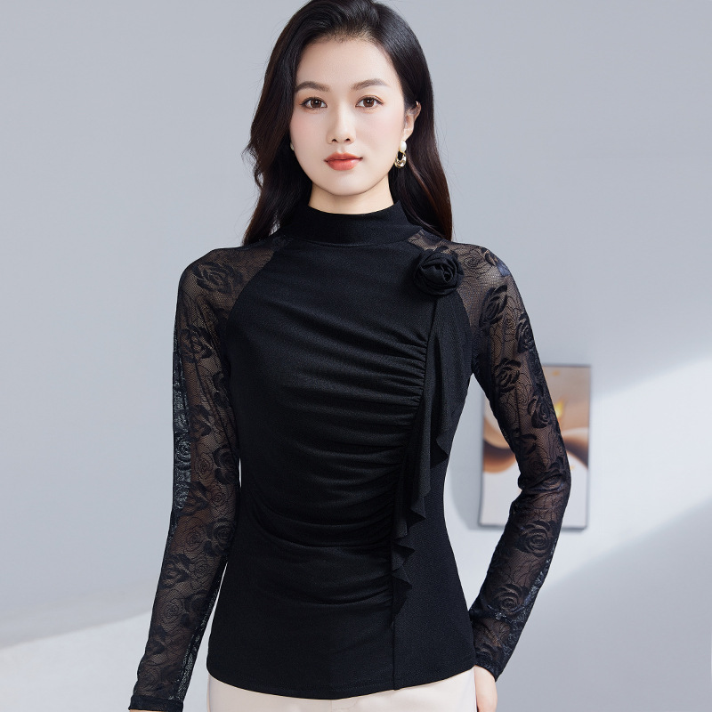 2025秋装长袖拼接小衫女上衣设计感荷叶边洋气半高领打底衫女