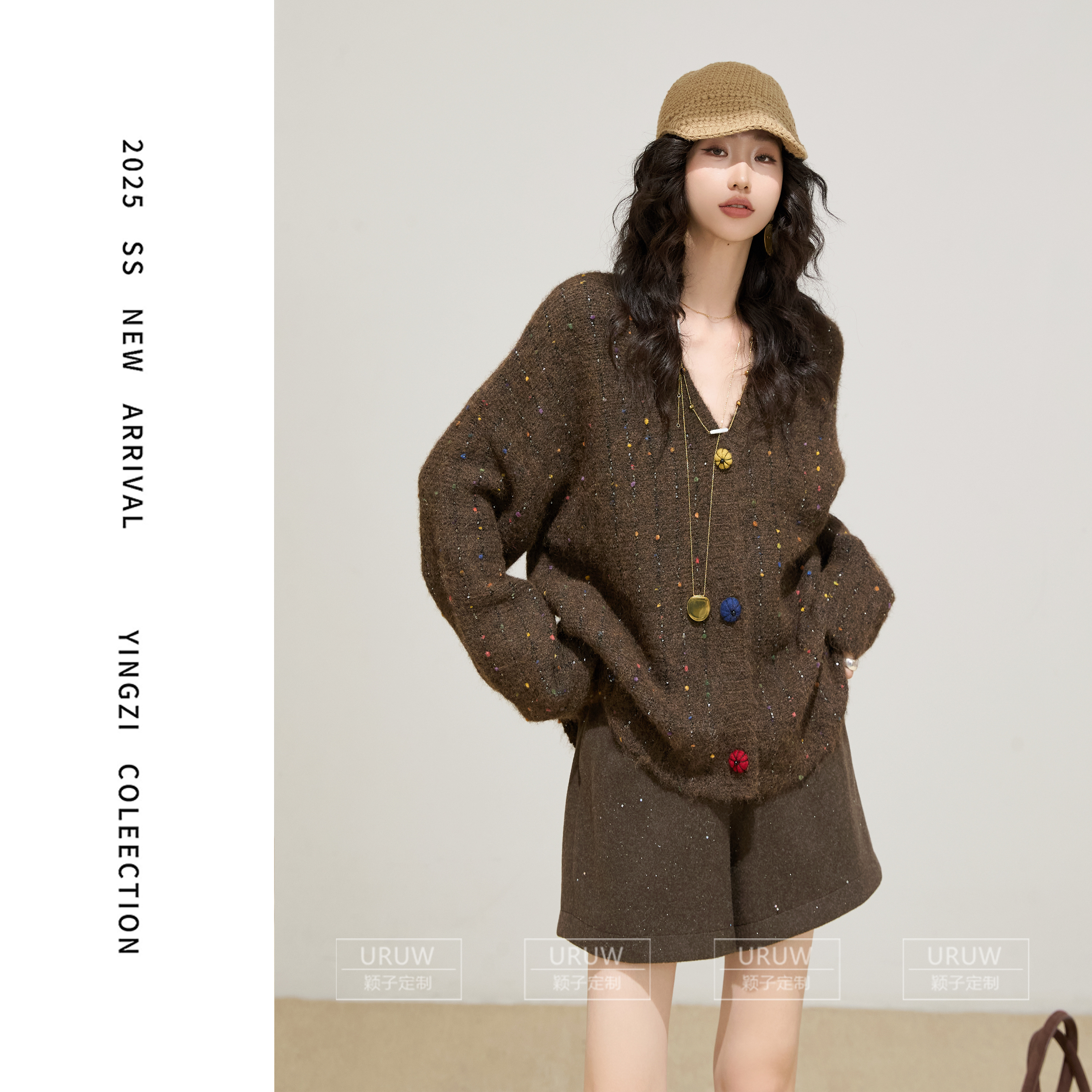 颖子定制【心动电台】秋冬慵懒风彩点针织开衫上衣休闲百搭上衣6735