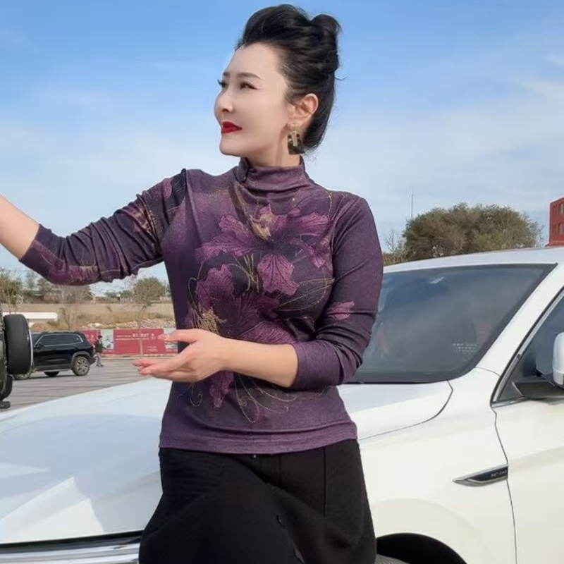 9855打底长袖妈妈修身型半高领女常规圆领T恤幽默拼接