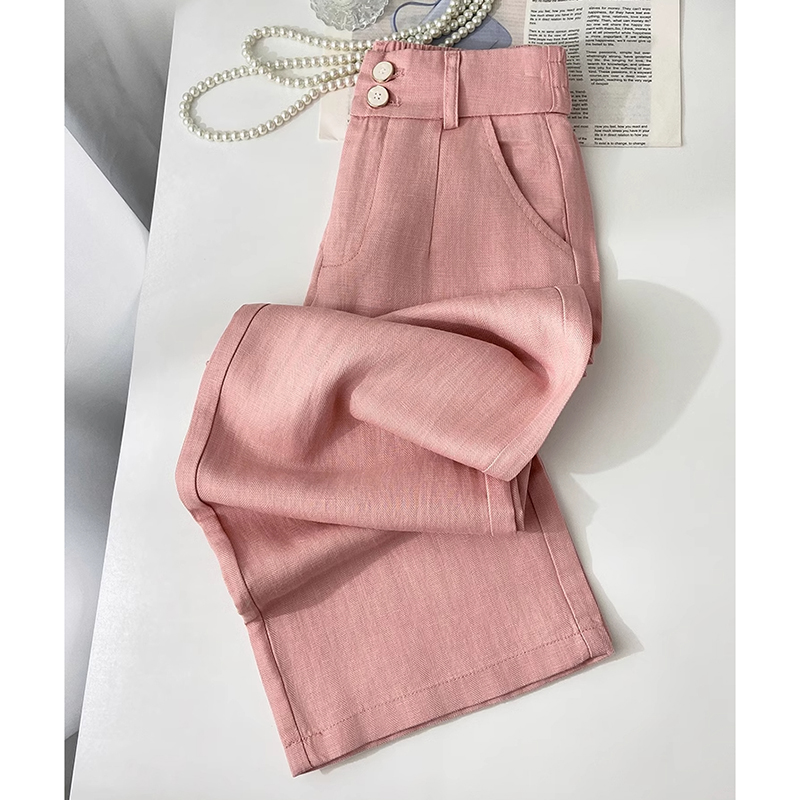 拉夏贝尔绿色高腰休闲裤女2025年新款小个子后松紧窄版阔腿直筒裤