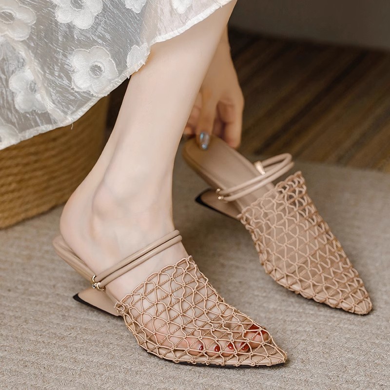 坡跟包头半拖女夏季外穿凉拖鞋编织网透气两穿异型粗跟软底高跟鞋