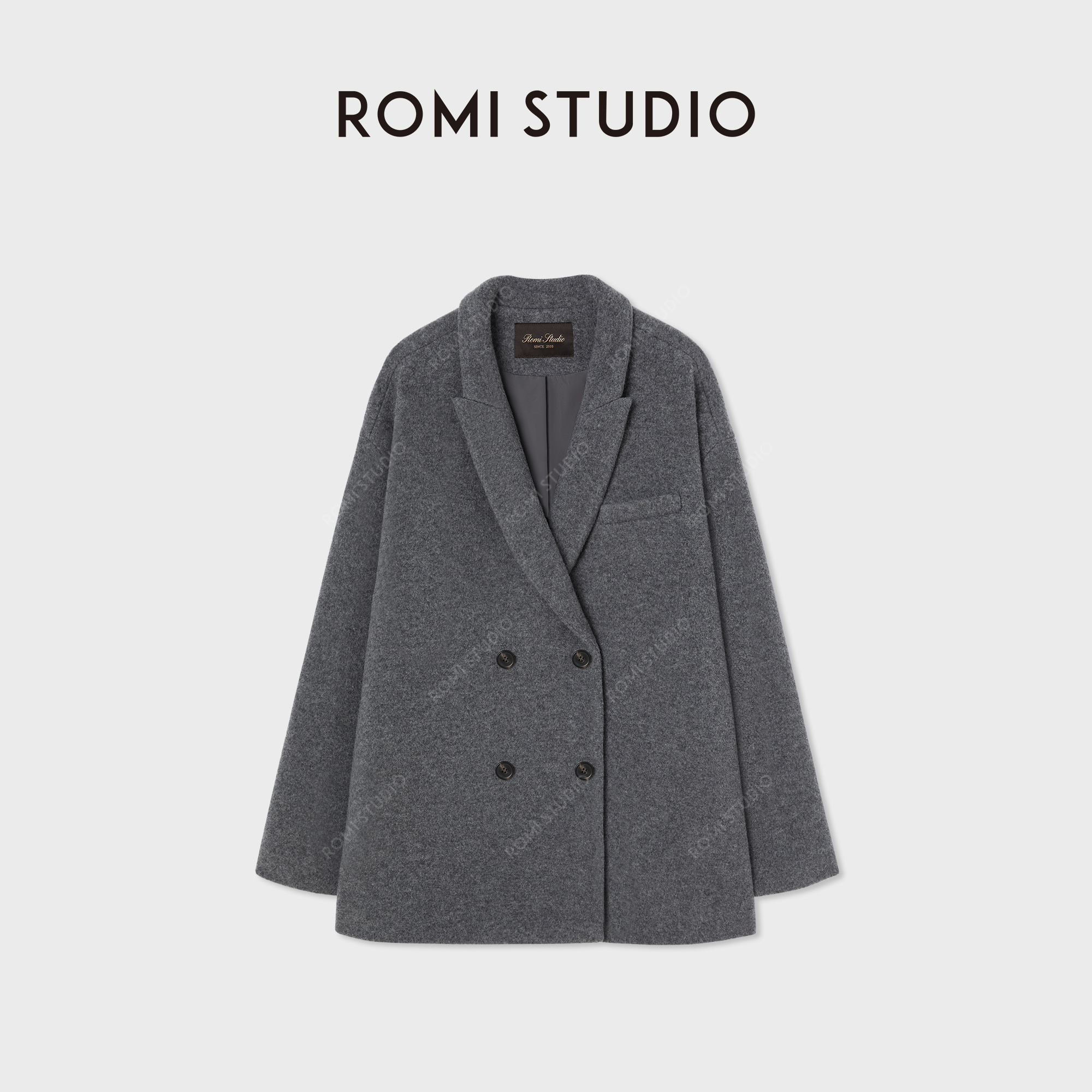 ROMI STUDIO“都市格雷”超细绵羊毛混纺双排扣大衣外套RW24WWH0689