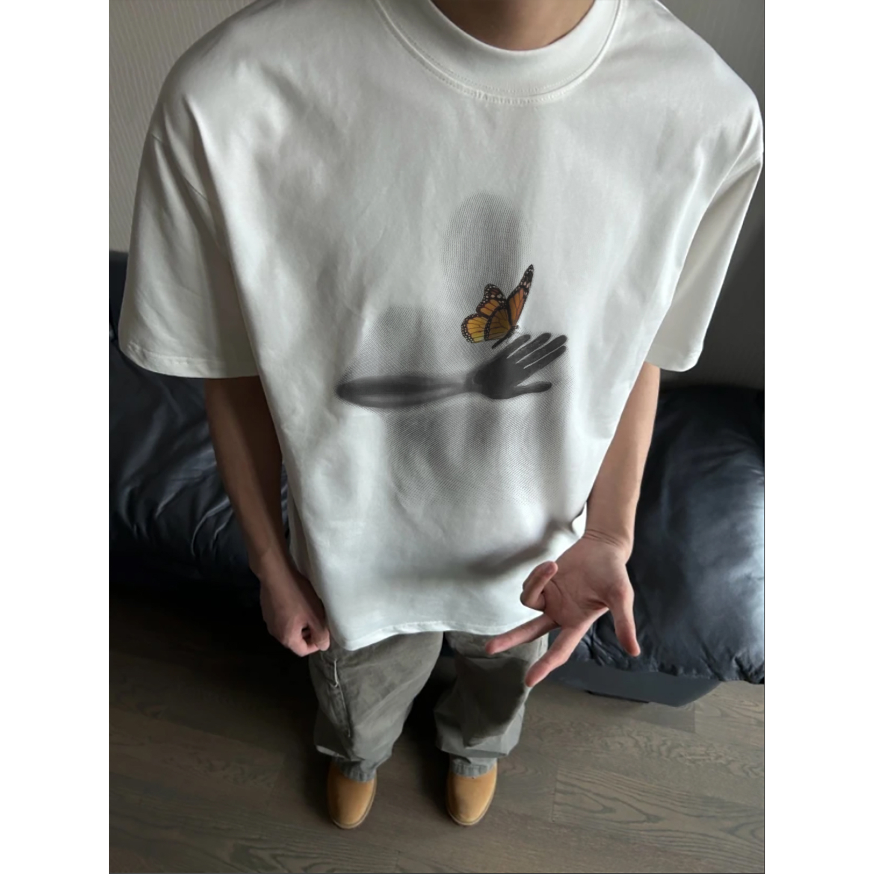 100%纯棉320克重磅美式夏季复古小众宽松印花设计感短袖ins港风