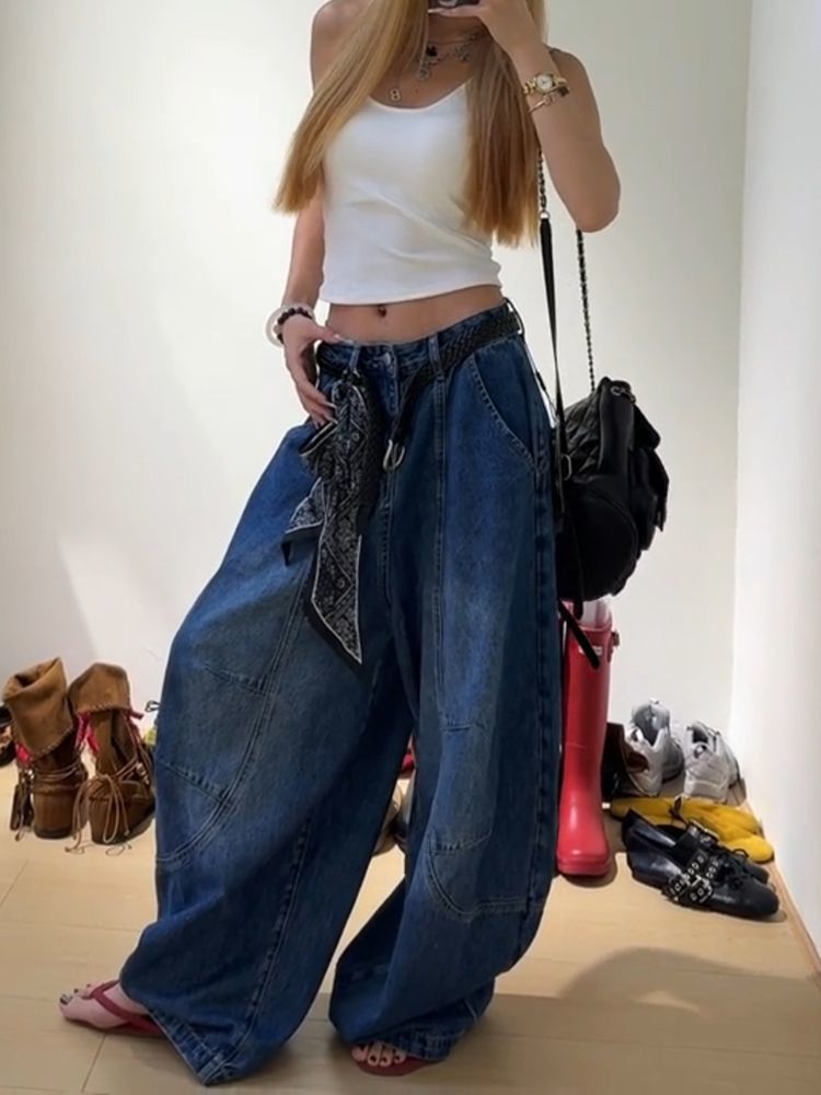 美式辣妹宽松慵懒松弛感牛仔裤子女复古水洗百搭时髦拖地弯刀裤