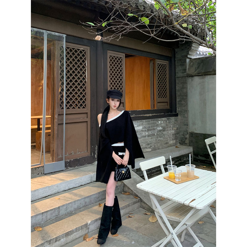 韩系小众小香风时尚套装休闲洋气休闲百搭露肩长袖上衣高腰半身裙