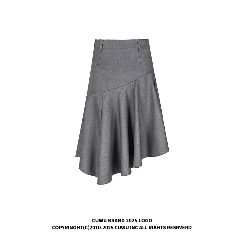 cuwu韩系复古灰色半身裙女秋季不规则下摆高腰中长裙垂感显瘦裙子