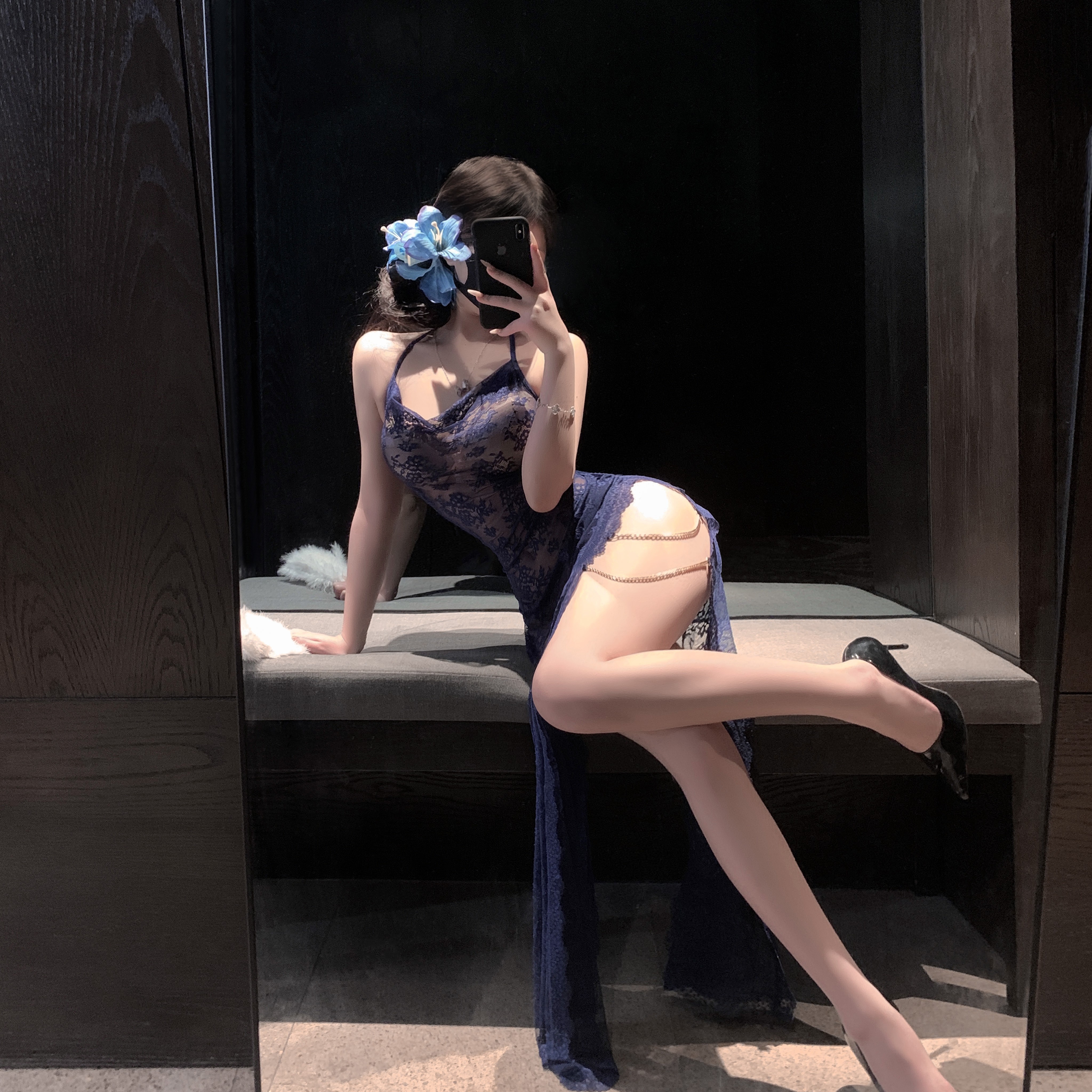 N缠绵梦*性感大尺码蕾丝朦胧感高开叉旗袍裙若隐若现女链条睡纯欲