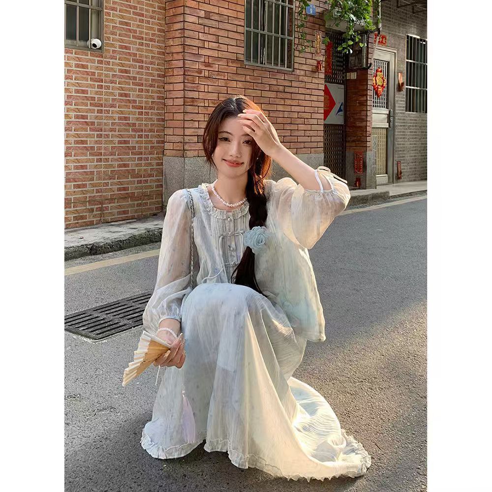 夏季新款清新国潮温柔薄荷色连衣裙套装女印花盘扣A字短裙两件套