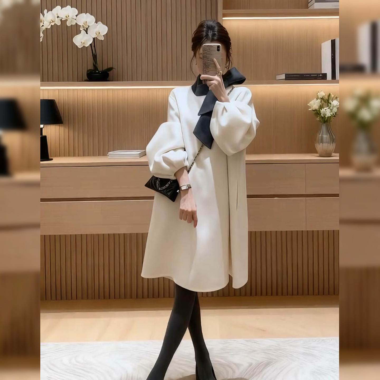 大码胖mm法式赫本风蝴蝶结连衣裙女秋冬季新款高级感减龄长袖裙子