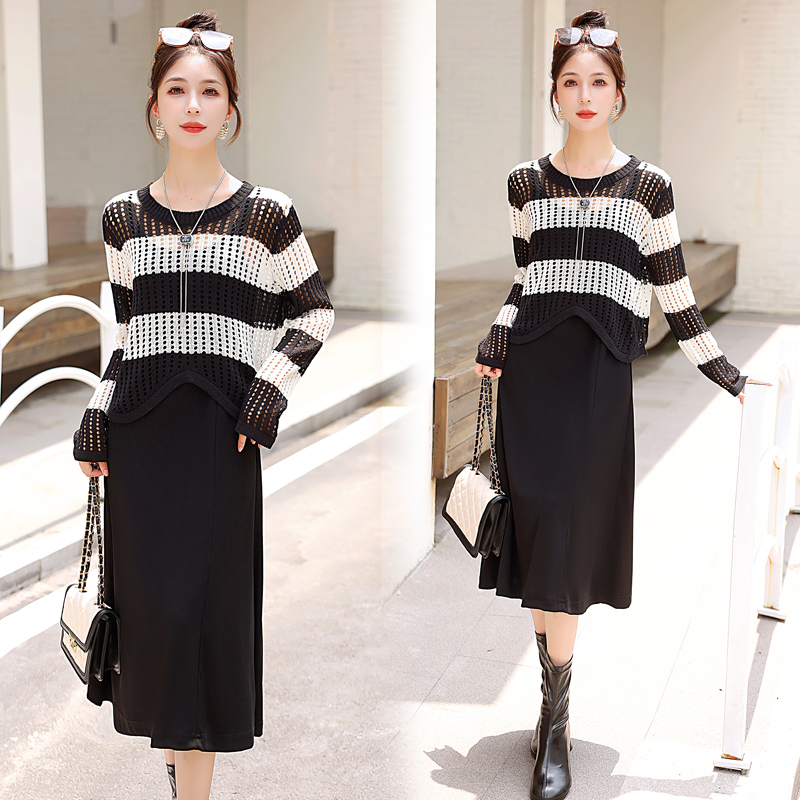 韩系撞色拼接针织罩衫套装裙女2025早秋新款洋气减龄吊带裙两件套