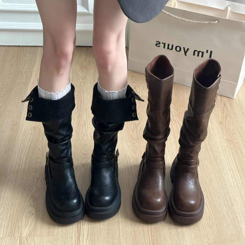 废土风靴子美拉德堆堆长筒靴女粗腿小个子厚底外穿高筒西部骑士靴