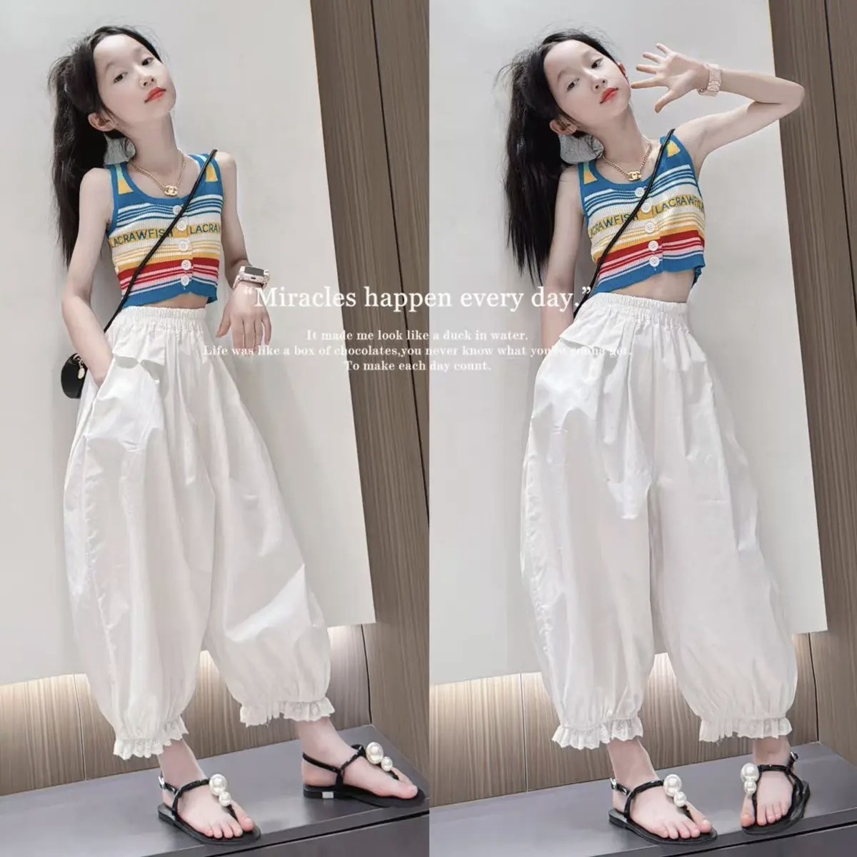 女童韩系套装2025夏季新款儿童宝宝洋气条纹背心上衣阔腿裤两件套