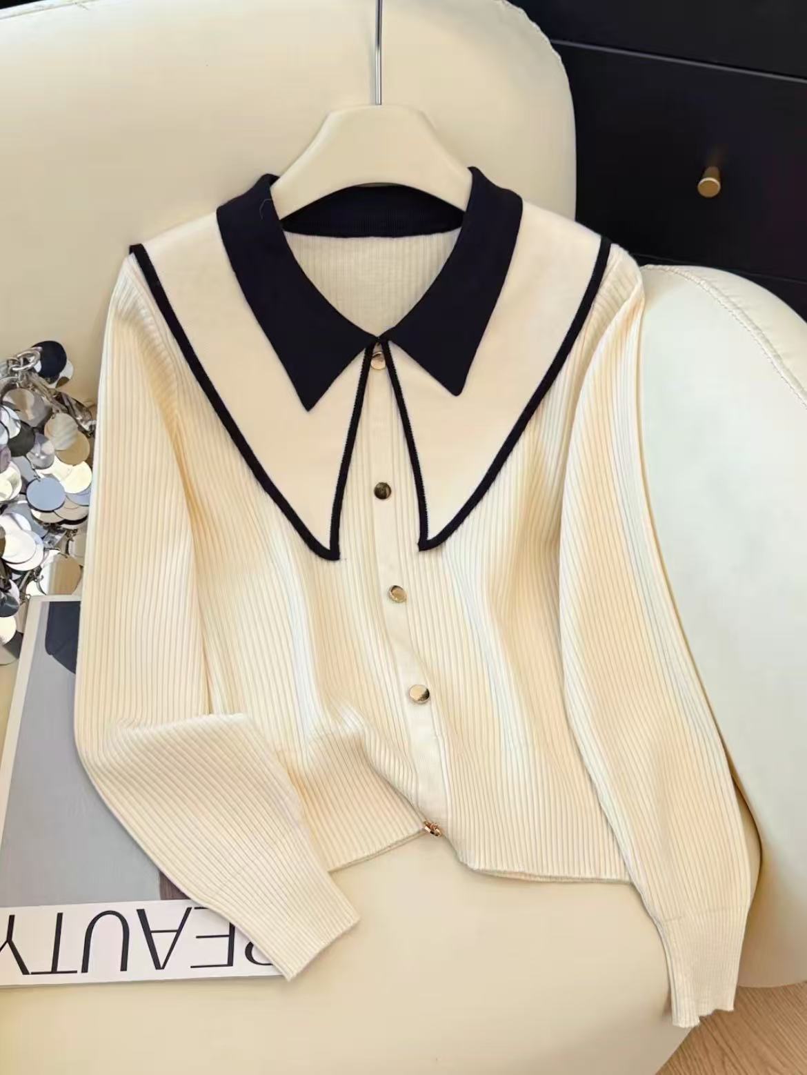 娃娃领打底衫女春秋高级感内搭小香风撞色显瘦气质减龄感针织衫