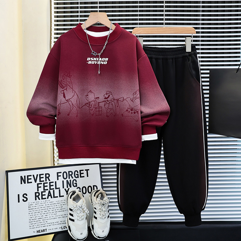 男童秋装套装2025中大童渐变男孩卡通洋气运动休闲童装洋气炸街潮