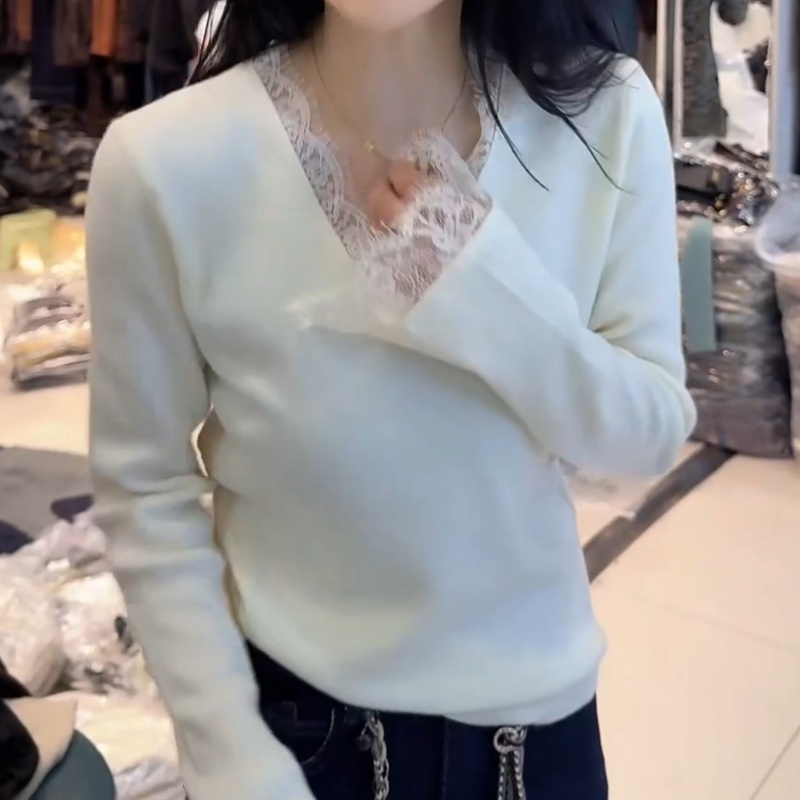 2025新款百搭时尚蕾丝V领针织衫秋冬修身打底上衣LK2506719