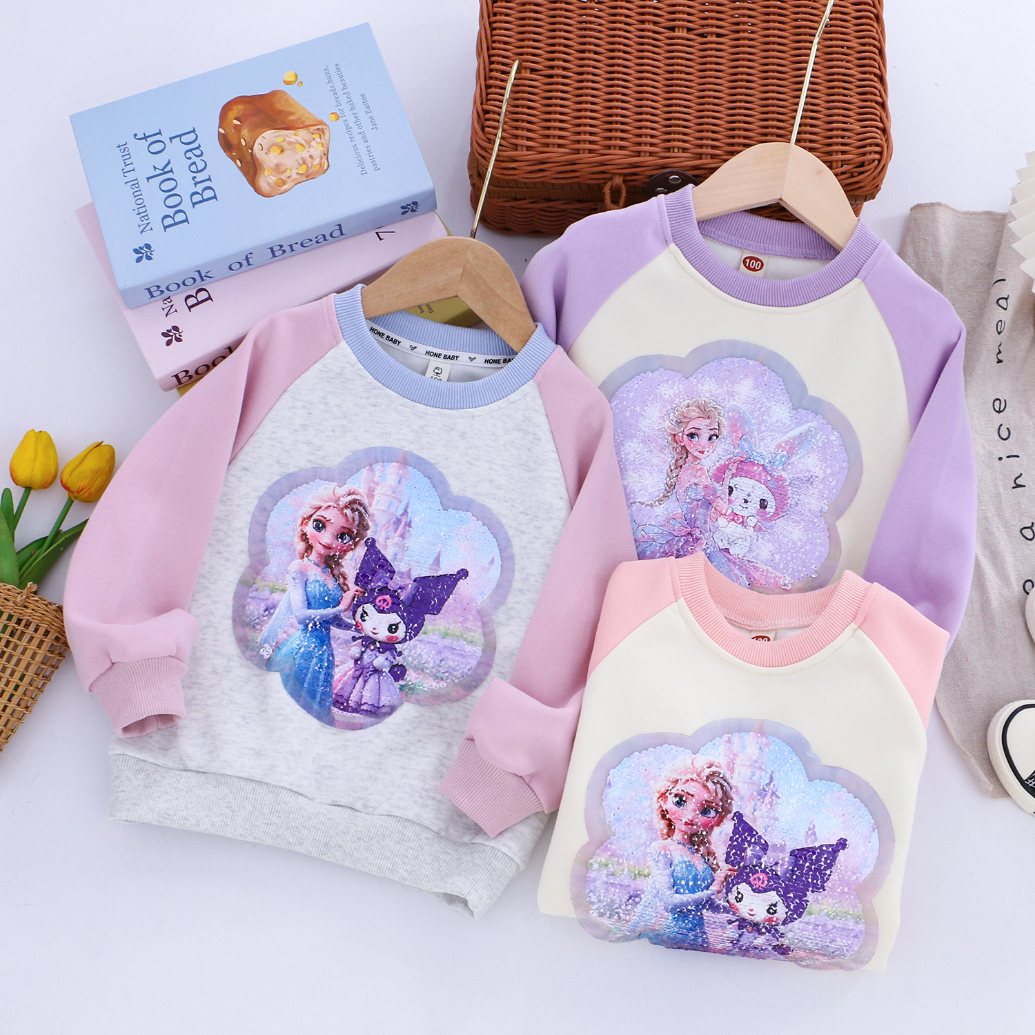 女童秋款卫衣新款春秋款艾莎双面变色亮片撞色插肩袖纯棉卫衣