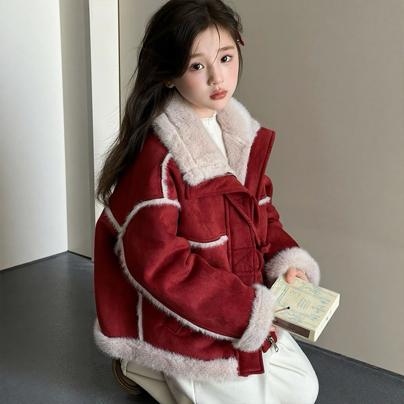 女童一体绒外套秋冬2025新款儿童洋气加绒加厚红色拜年服儿童大衣