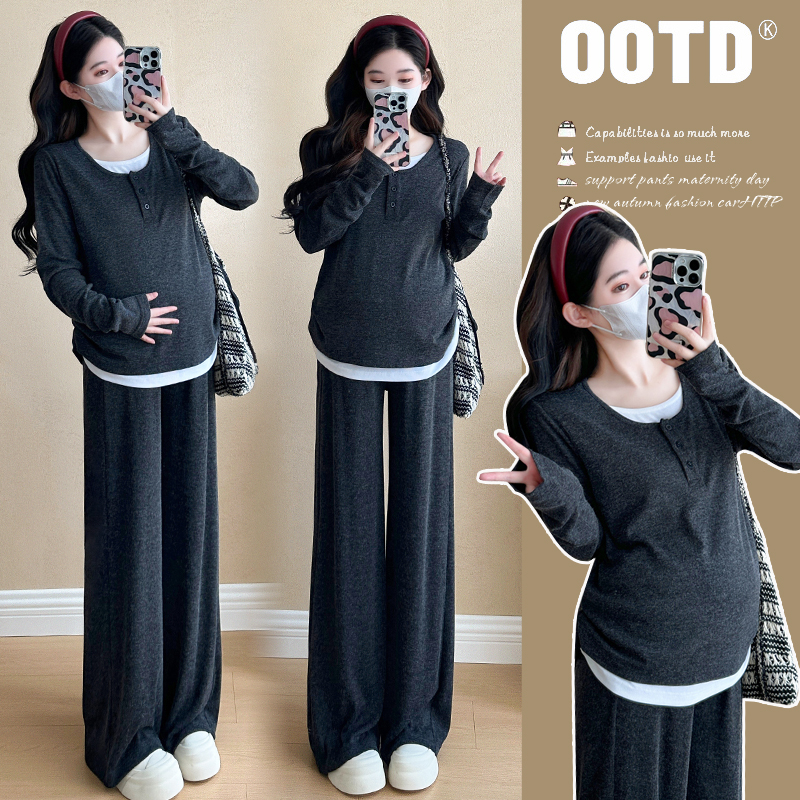 2025秋装新款慵懒风宽松显瘦假上衣+怀孕气质穿搭孕妇装秋季套装