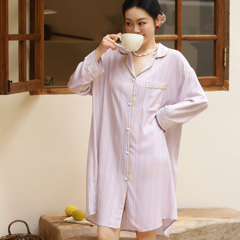 维安花密透气长袖长款睡裙秋冬春秋季条纹睡袍中长款薄款夏季外穿