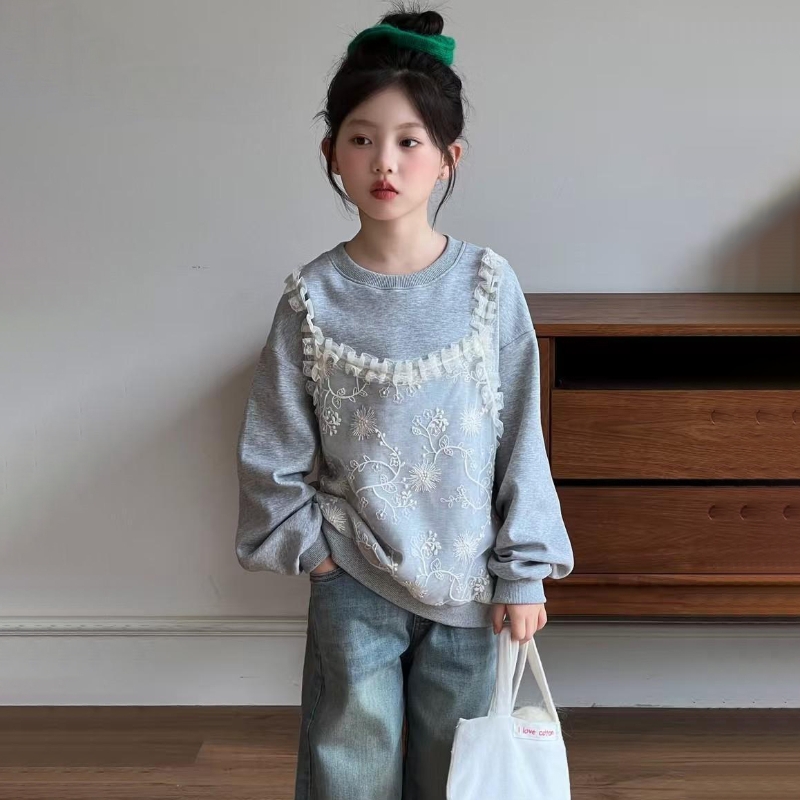 女童假两件卫衣秋季儿童女孩蕾丝灰色时尚潮流洋气时髦长袖上衣潮