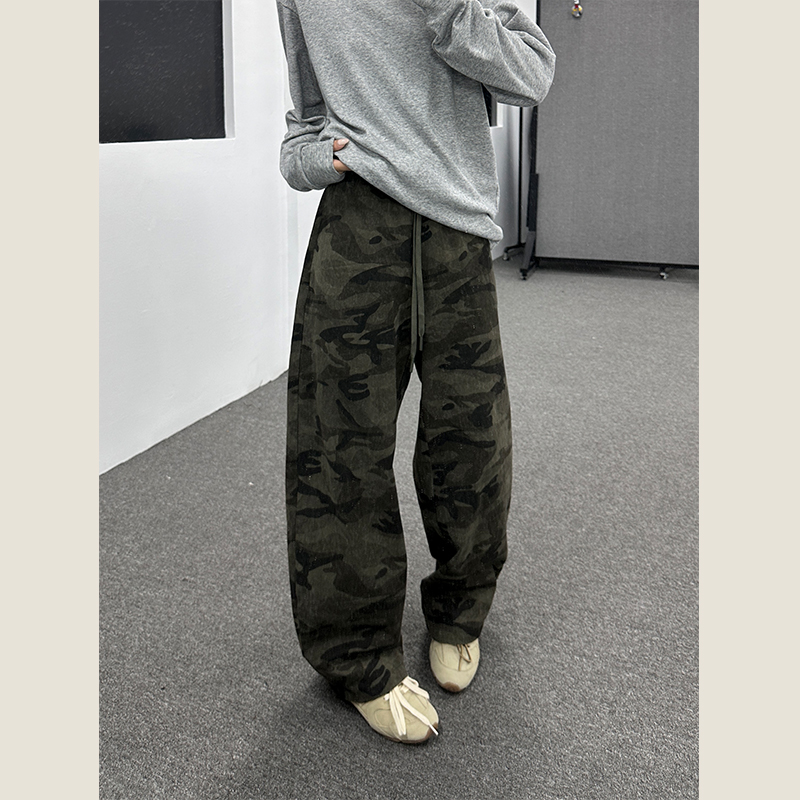 No talking“加绒加厚”纯棉宽松迷彩工装裤男生水洗裤子男款秋冬款