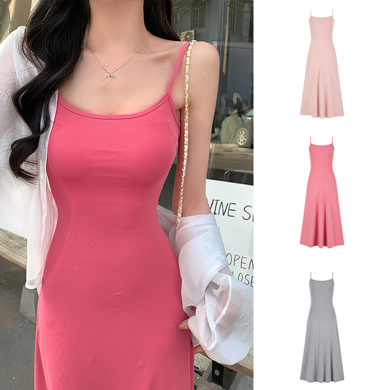 Moses Queen/魔西女王树莓红气质收腰吊带连衣裙修身显瘦打底长裙