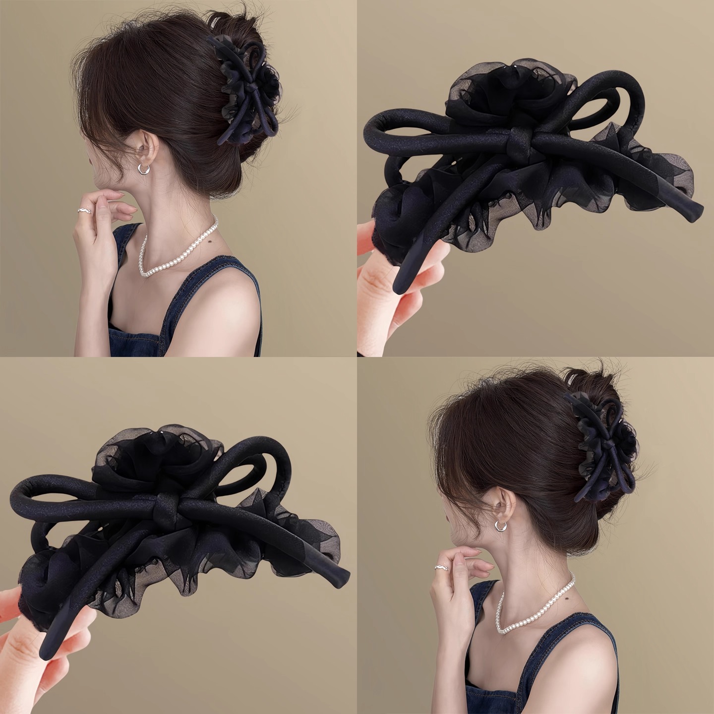 法式优雅！韩系泡泡纱黑色蝴蝶结抓夹女！百搭气质鲨鱼夹发饰盘发器