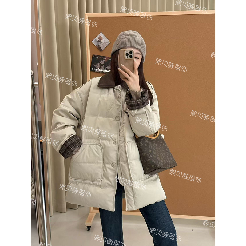 熙贝薇7 冬季新款撞色格纹新国标90白鸭绒中长款羽绒服 G5870