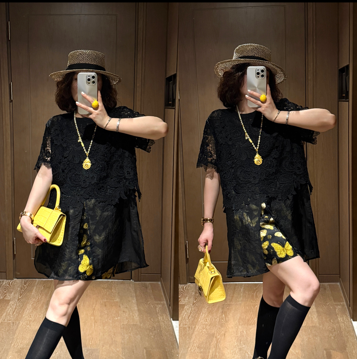 YDFSTUDIO小众【伦敦日记】高品蕾丝拼接网纱设计上衣+蝴蝶短裤套装