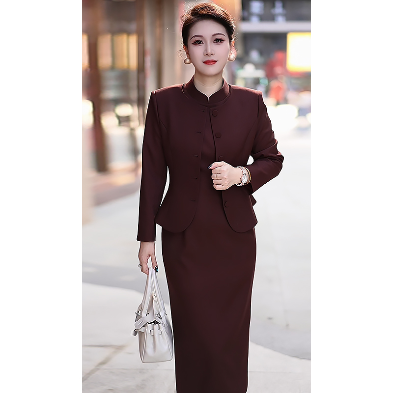时尚套装轻职风商务休闲风旗袍连衣裙极简风修身通勤A1008红