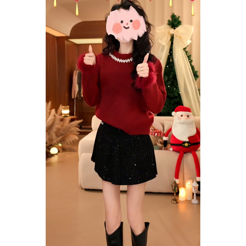 过年穿搭一整套女2025新款新年红色珍珠圆领针织衫高腰半裙两件套