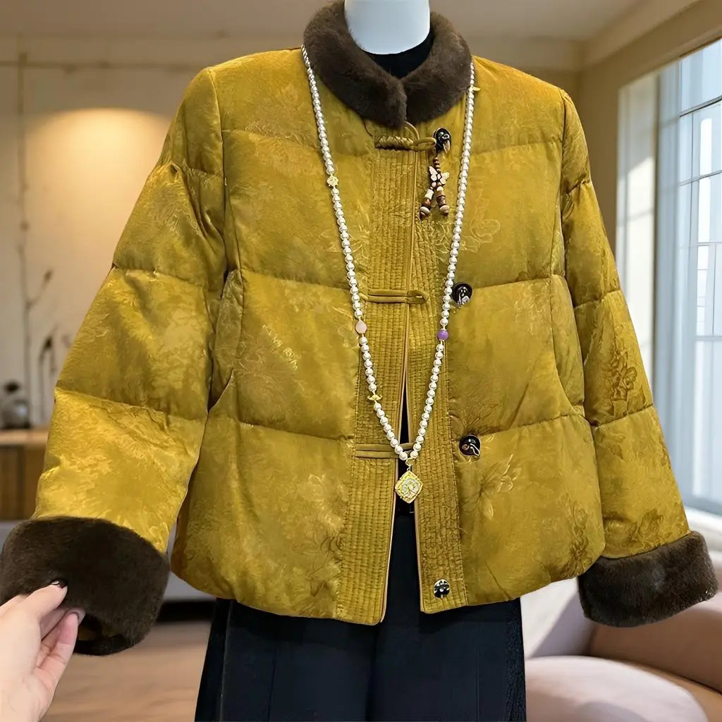 【锦绣江南】新中式黄色国风毛领羊绒棉服冬季新款盘扣小棉袄棉衣