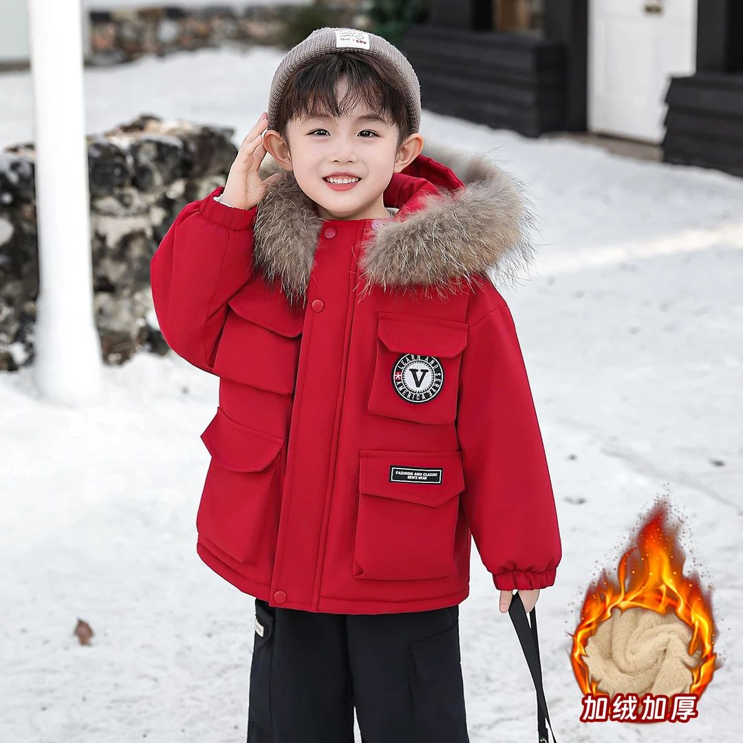 大毛领儿童加绒加厚派克服洋气工装男童休闲女童红色棉衣宝宝棉袄