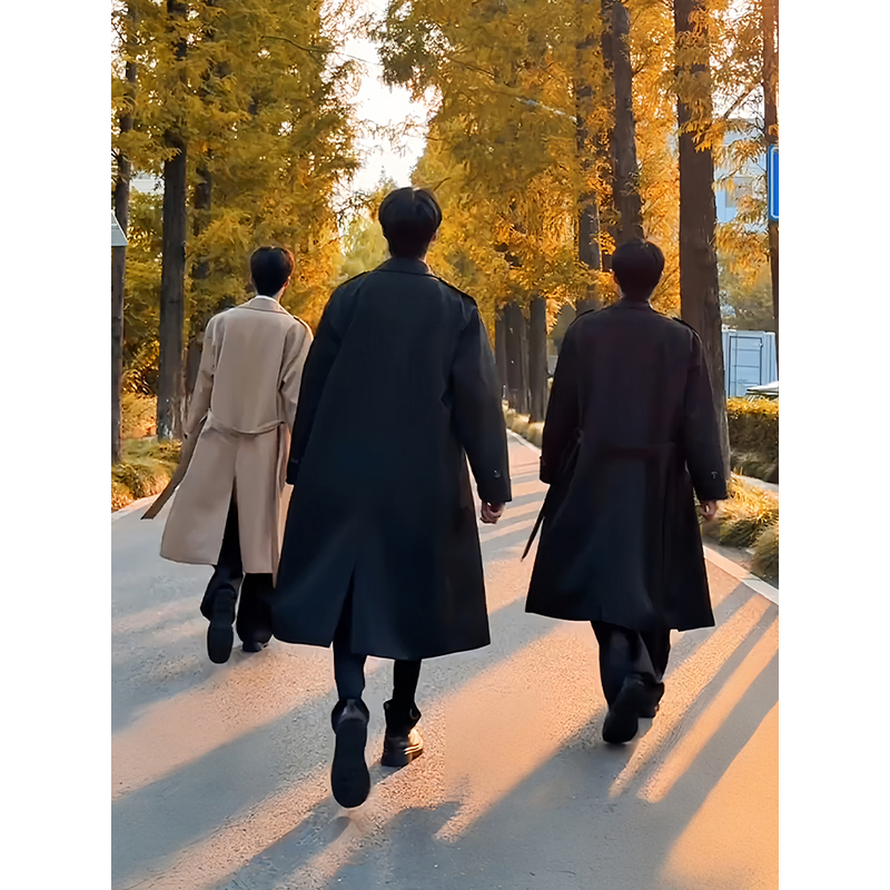 韩系赫本风中长款黑色教父大衣男秋季高级感高个子过膝风衣外套