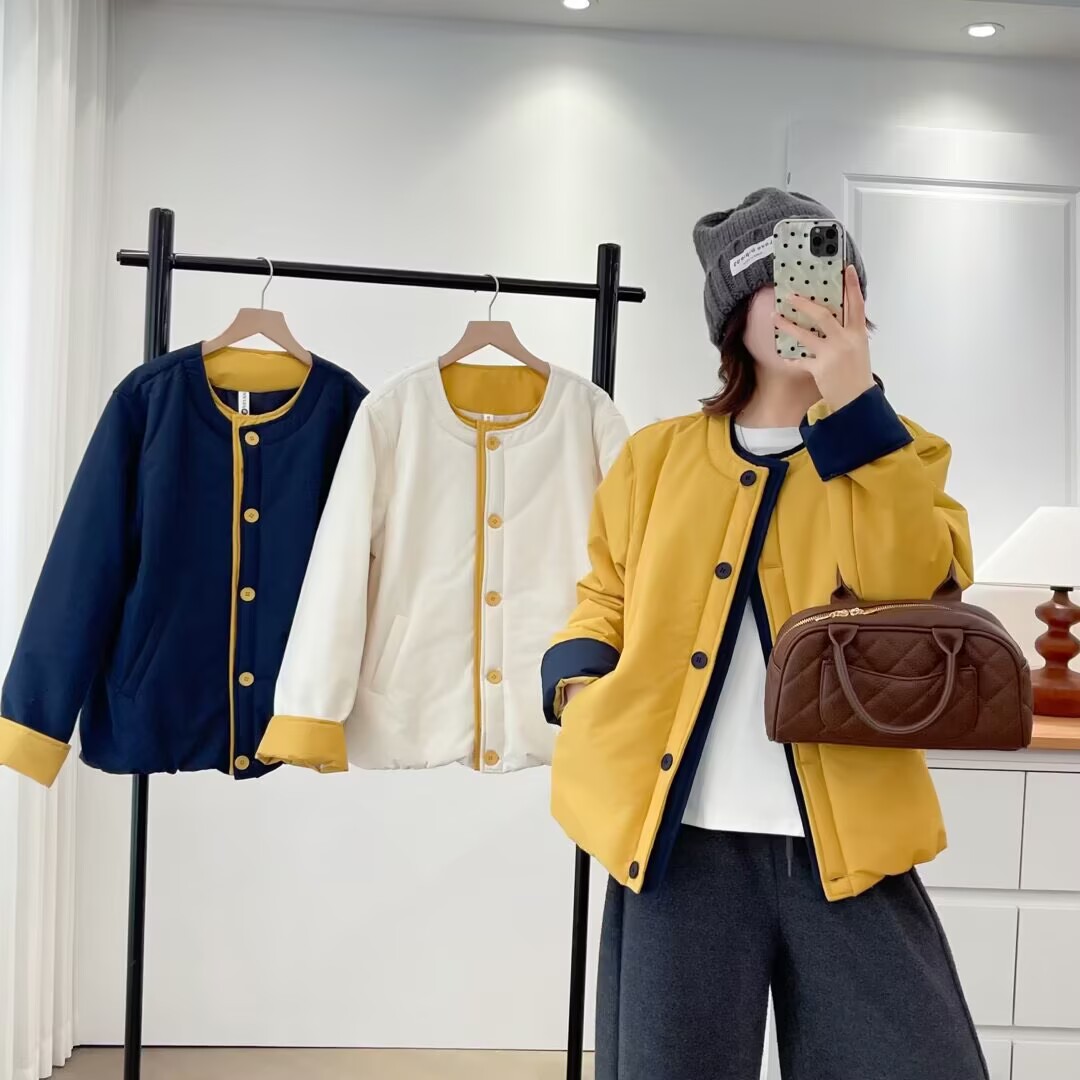 大码撞色免烫棉衣韩版棉服圆领长袖短外套拼接棉服2590