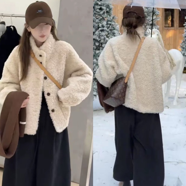 韩版立领单排扣短外套女2025冬季新款加绒加厚保暖休闲毛绒上衣