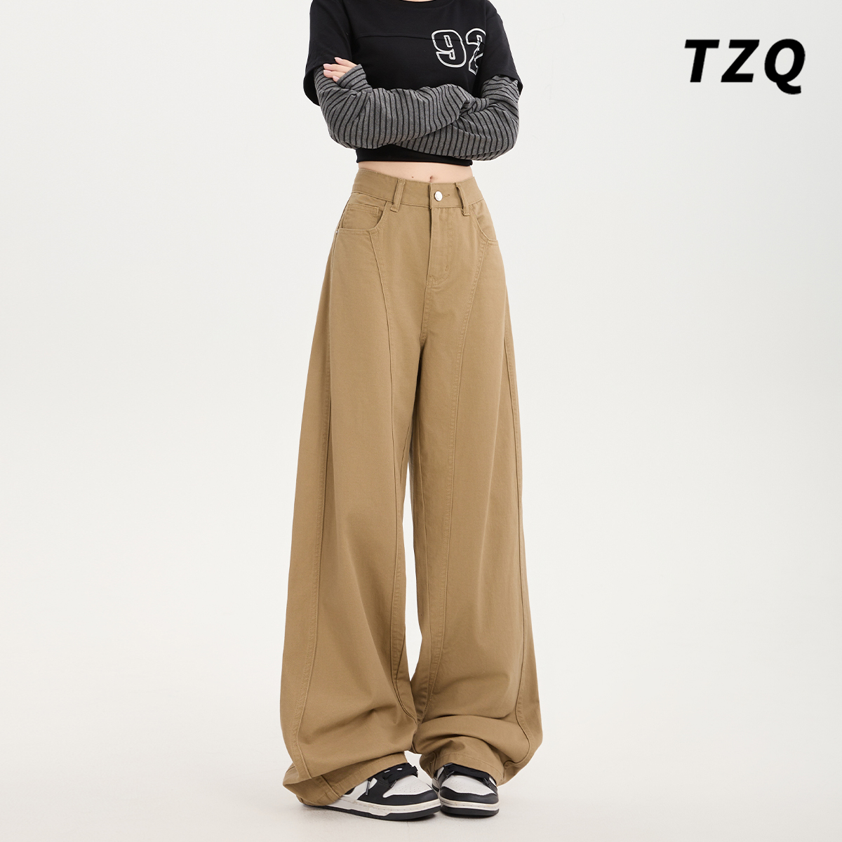 复古卡其色阔腿牛仔裤女秋2025新款高腰显瘦宽松弯刀裤TZQ2591532