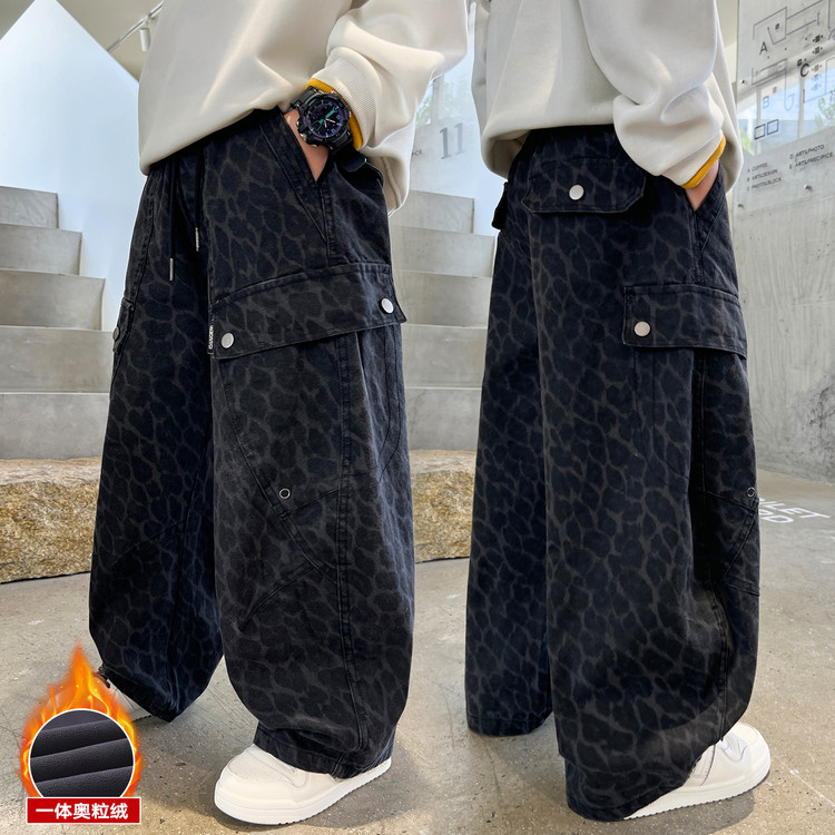 男童秋冬款工装裤2025新款初中生一体绒加厚冬季儿童直筒加绒裤子