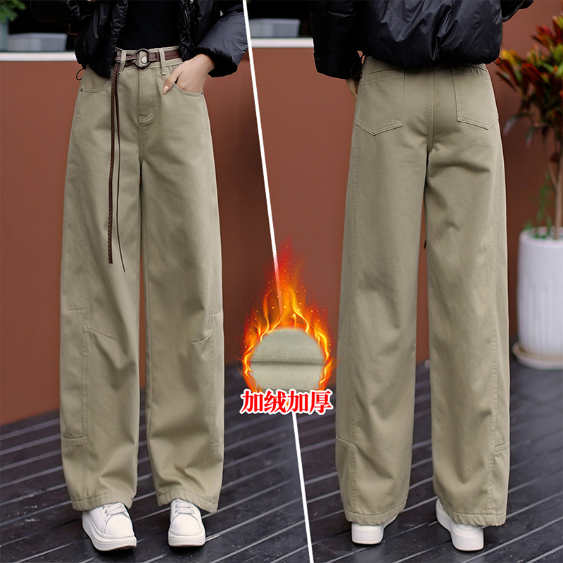 拉夏贝尔加绒镰刀裤女秋冬新款小个子加厚休闲窄版香蕉弯刀阔腿裤