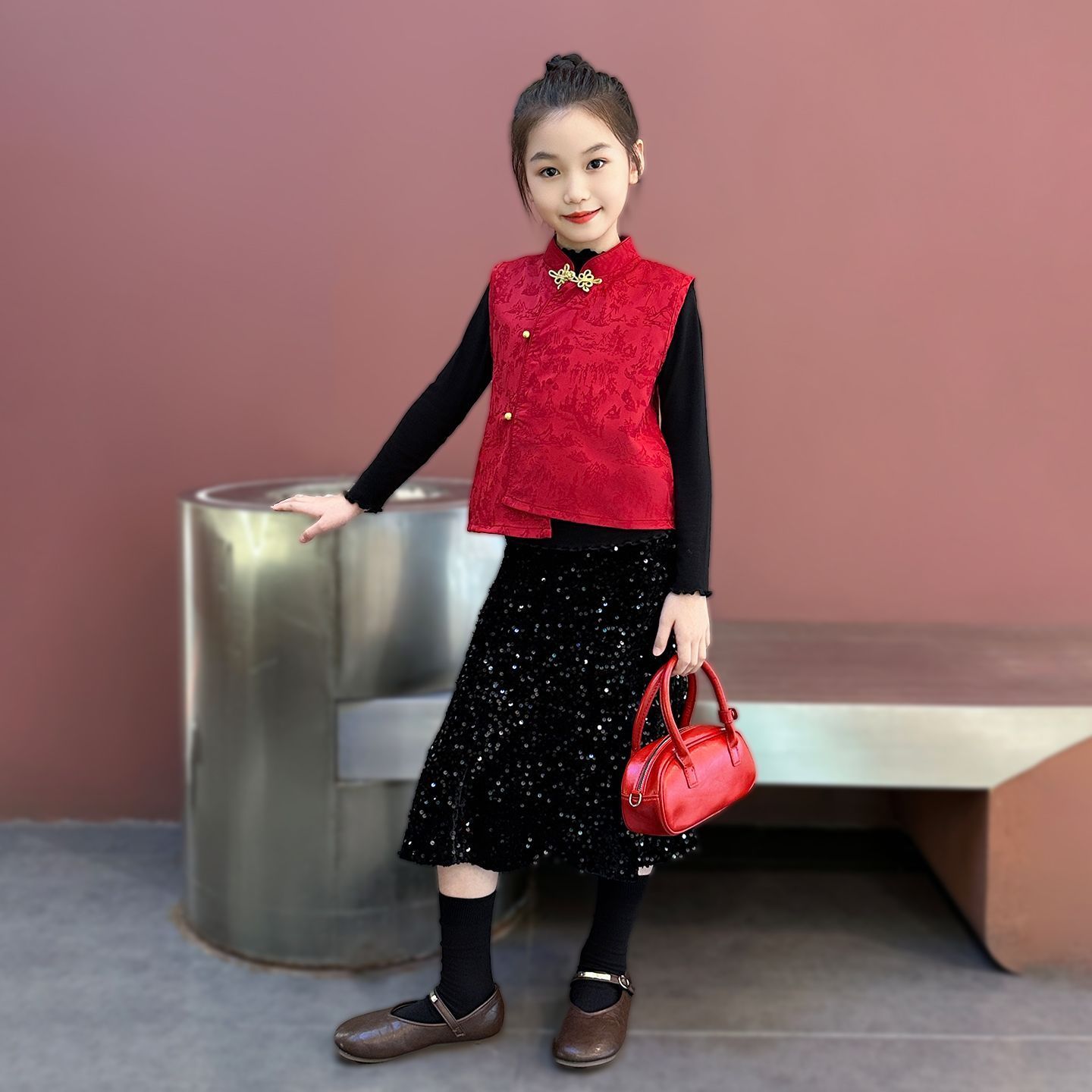 童泰【断码】新款女童儿童秋季红色中式拜年古装汉服演出服套装三