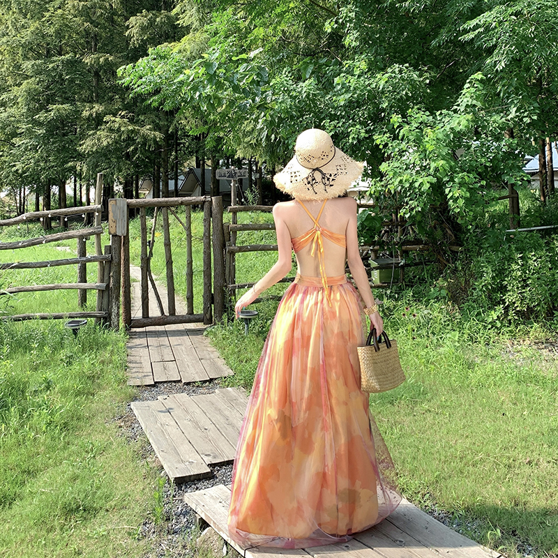 莫奈花园橘色碎花印花仙女纯欲吊带长款显瘦纱裙连衣裙