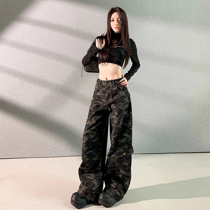 美式复古迷彩工装裤女秋季新款胖mm阔腿宽松显瘦高腰设计感直筒裤