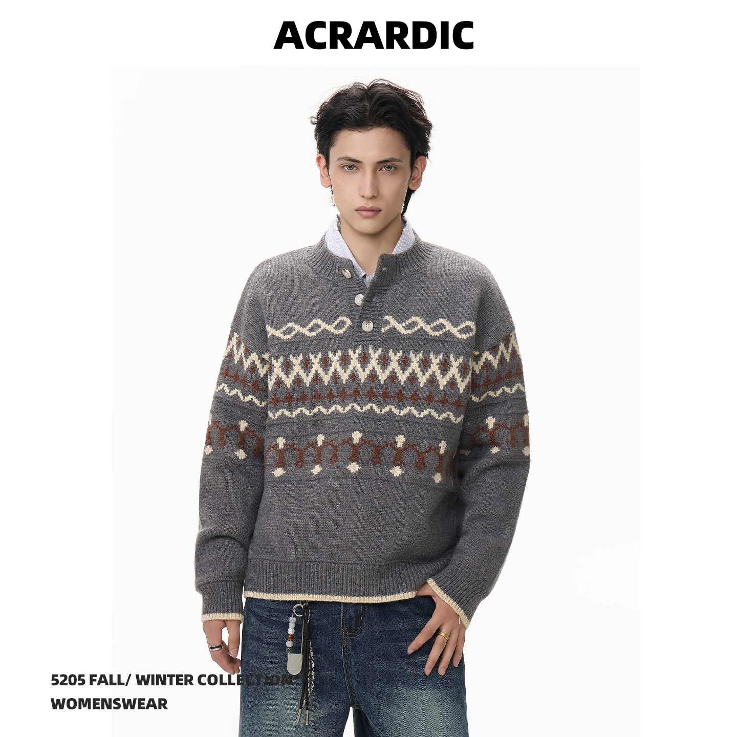 ACRARDIC秋冬美式菲尔岛亨利领毛衣男复古慵懒风保暖提花针织上衣