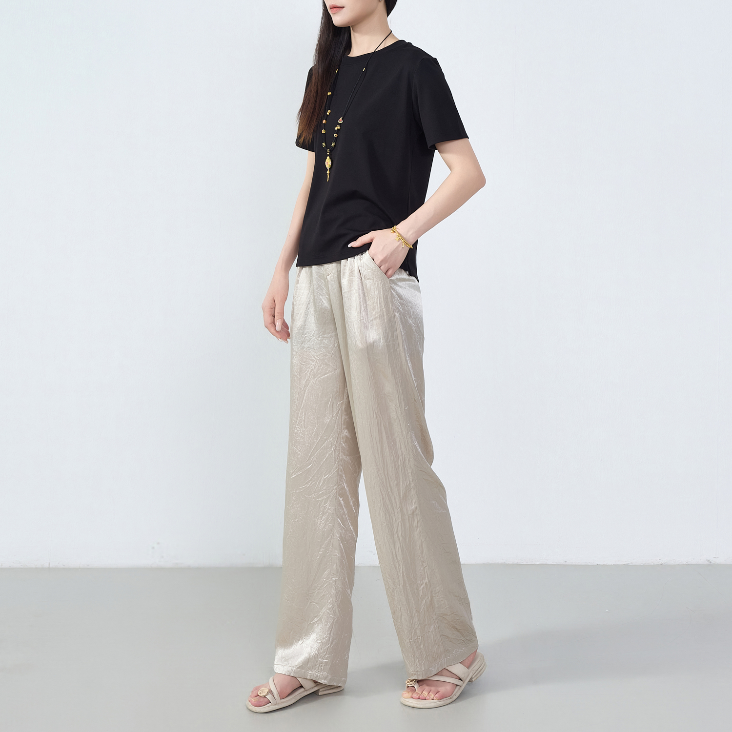 福老板三醋酸面新款夏季复古直筒老钱风松弛感女装法式垂感阔腿裤