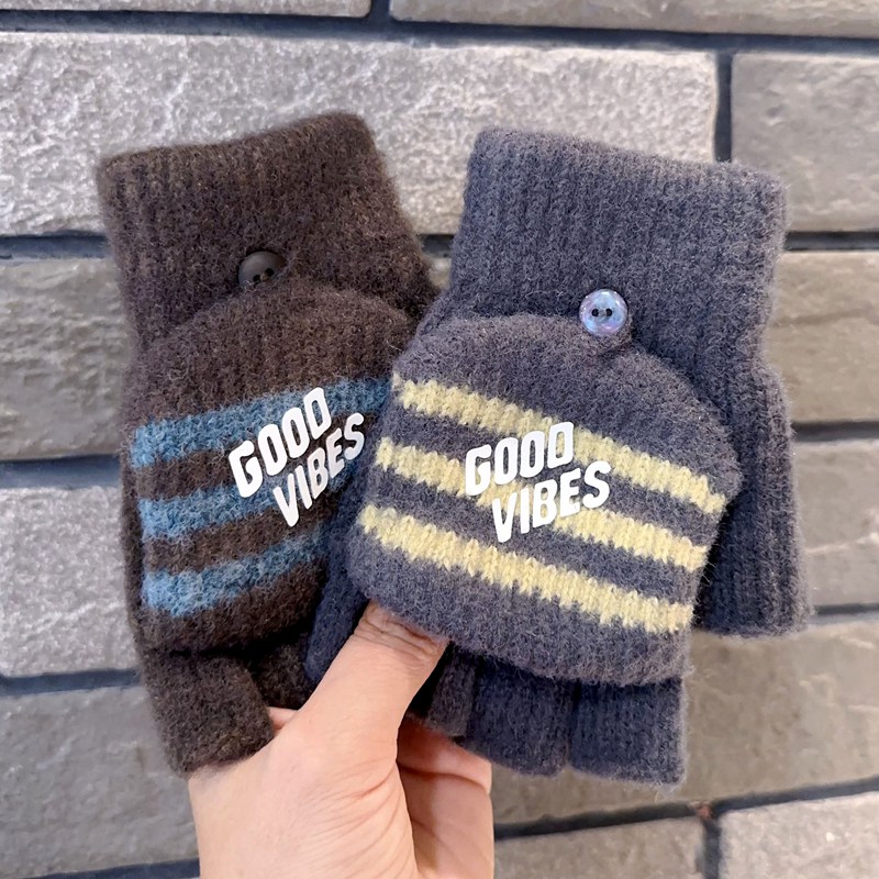 男童半指手套五指冬保暖男孩简约时尚分指半截中大童学生露指防寒