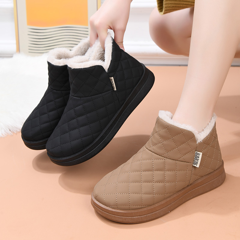 圆头平底冬低跟女短靴雪地靴棉鞋中老年冬季女士防水厚底老人