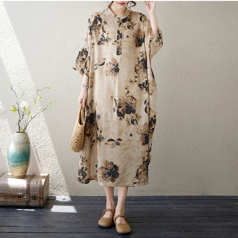 2025秋季新大码宽松显瘦棉麻印花立领长裙减龄印花度假气质连衣裙