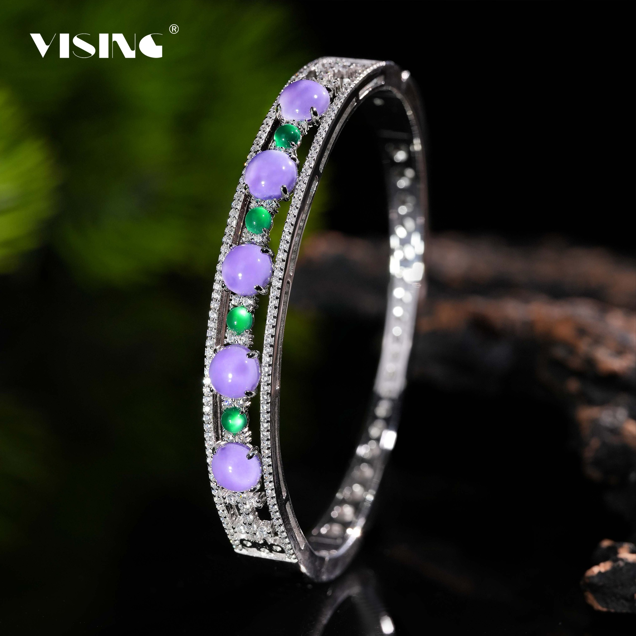925银合成锆石手镯 VISING珠宝水沫紫色紫罗兰银手镯贵妃
