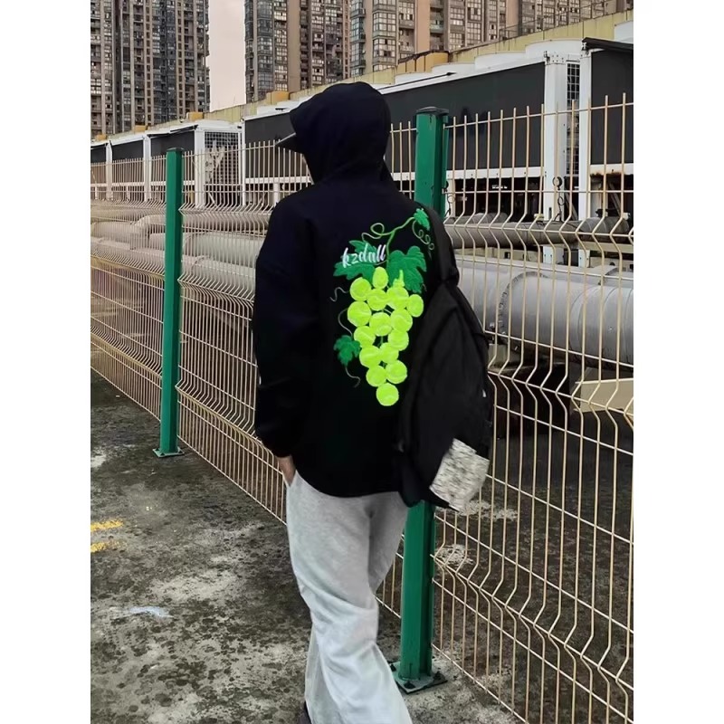 美式葡萄印花连帽卫衣男款秋季休闲风百搭上衣潮牌设计感宽松外套